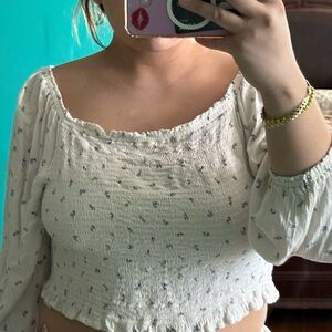 Arizona Jean Company Cream Floral Smocked Blouse